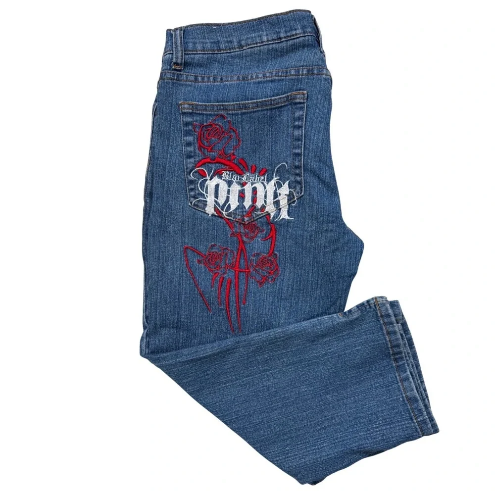 Black Label‎ Y2K Capri Jeans 13 14 Rose Graphic Blue